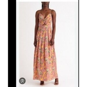 Chelsea 28 FLOWY Boho MAXI dress Mauve floral strappy front cutout women SZ XXS